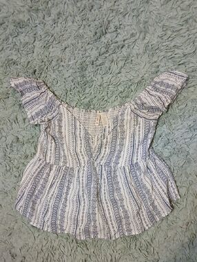 Japna White and Blue Striped Peplum Crop Top